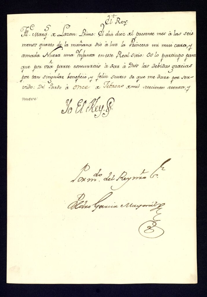 Miniatura de Real cédula de Carlos III al Marqués de Lazán comunicándole el nacimiento de su nieta, la infanta María Amalia.