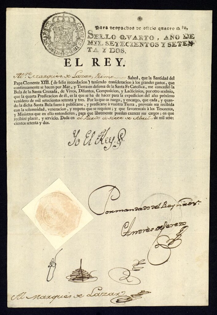 Miniatura de Real cédula del rey Carlos III al Marqués de Lazán, participándole la publicación de la bula de cruzada y pidiéndole que sea recibida con la mayor solemnidad en los lugares de su señorío.