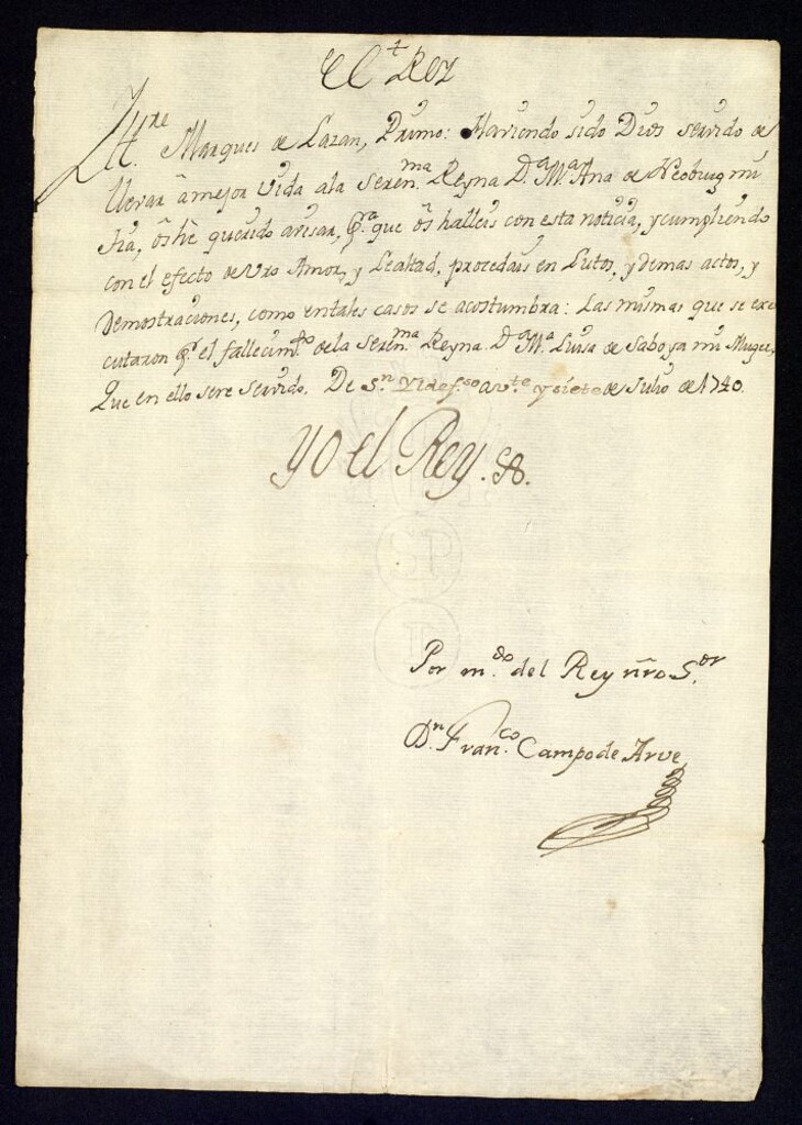 Miniatura de Real cédula de Felipe V al Marqués de Lazán] comunicándole el fallecimiento de la reina Mariana de Neoburgo, viuda de Carlos II.