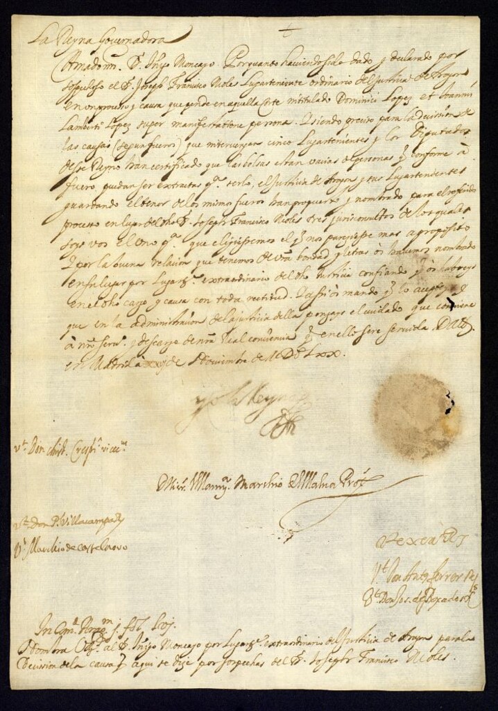Miniatura de Real cédula de la reina regente, Mariana de Austria a D. Íñigo de Moncayo, nombrándole lugarteniente extraordinario del justicia de Aragón en la causa que se sigue contra D. José Francisco de Moles.