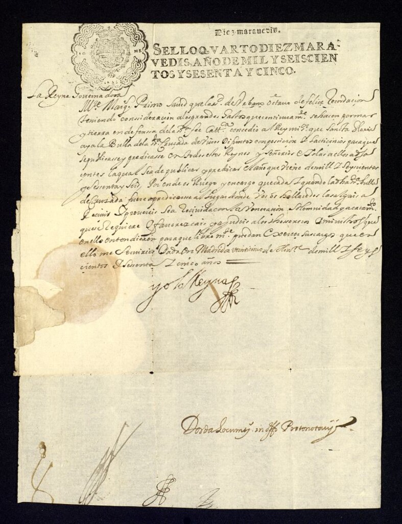 Miniatura de Real cédula de la reina gobernadora, Mariana de Austria, a D. José Berenguer de Bardaxí, Marqués de Cañizar, participándole la publicación de la bula de cruzada y pidiéndole que sea recibida con la mayor solemnidad en los lugares de su señorío.