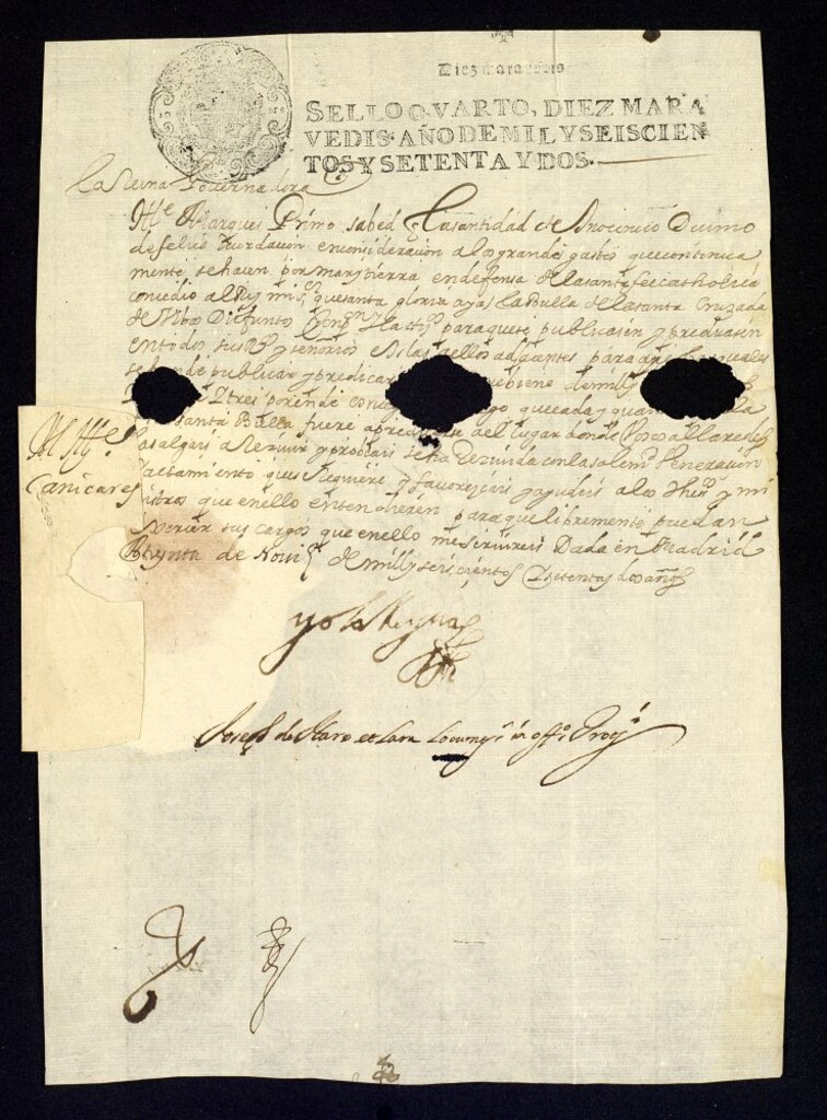 Miniatura de Real cédula de la reina gobernadora, Mariana de Austria, a D. José Berenguer de Bardaxí, Marqués de Cañizar, participándole la publicación de la bula de cruzada y pidiéndole que sea recibida con la mayor solemnidad en los lugares de su señorío.