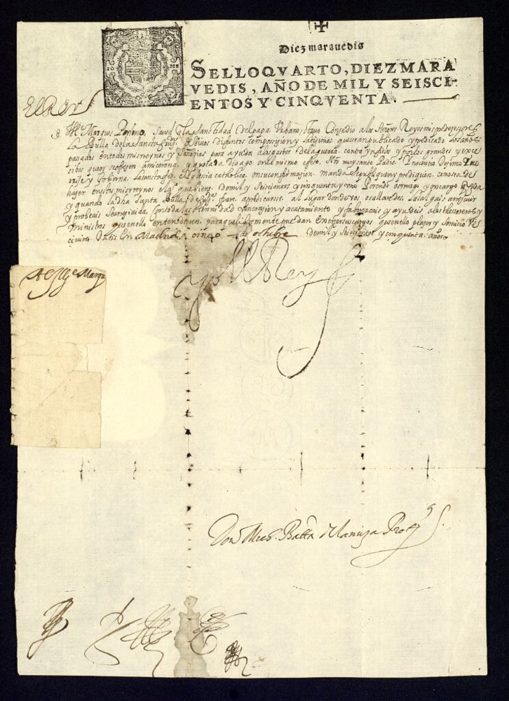 Miniatura de Real cédula de Felipe IV a D. Martín de Bardaxí, Marqués de Cañizar, participándole la publicación de la bula de cruzada y pidiéndole que sea recibida con la mayor solemnidad en los lugares de su señorío.