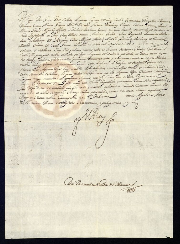 Miniatura de Real provisión de Felipe IV a D. Juan de Moncayo, Marqués de San Felices, convocándole para las cortes de Aragón y Valencia que se celebrarán en la ciudad de Zaragoza.