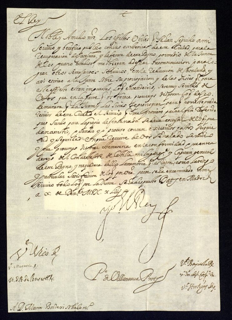 Miniatura de Real cédula de de Felipe IV a D. Martín de Bardaxí poniéndole de manifiesto las grandes ventajas obtenidas con los ingresos de sisas para la reducción de Cataluña.