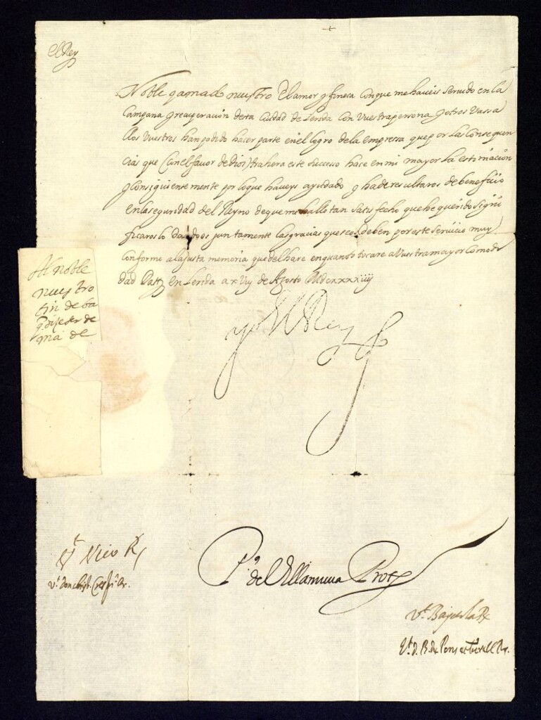 Miniatura de Real cédula de Felipe IV a D. Martín de Bardaxí dándole las gracias por la ayuda prestada en la campaña para la recuperación de la ciudad de Lérida