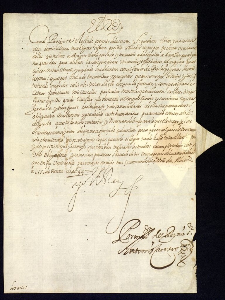 Miniatura de Real cédula de Felipe IV al conde de los Arcos participándole su viaje a Zaragoza, confiando ha de agregarse a su comitiva al primer aviso que reciba.