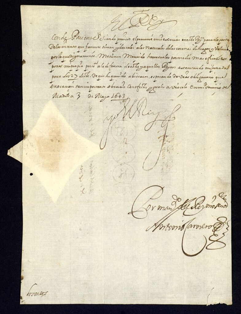 Miniatura de Real cédula de Felipe IV al conde de los Arcos comunicándole su intención de partir a los reinos de Aragón y Valencia y pidiéndole que le acompañe