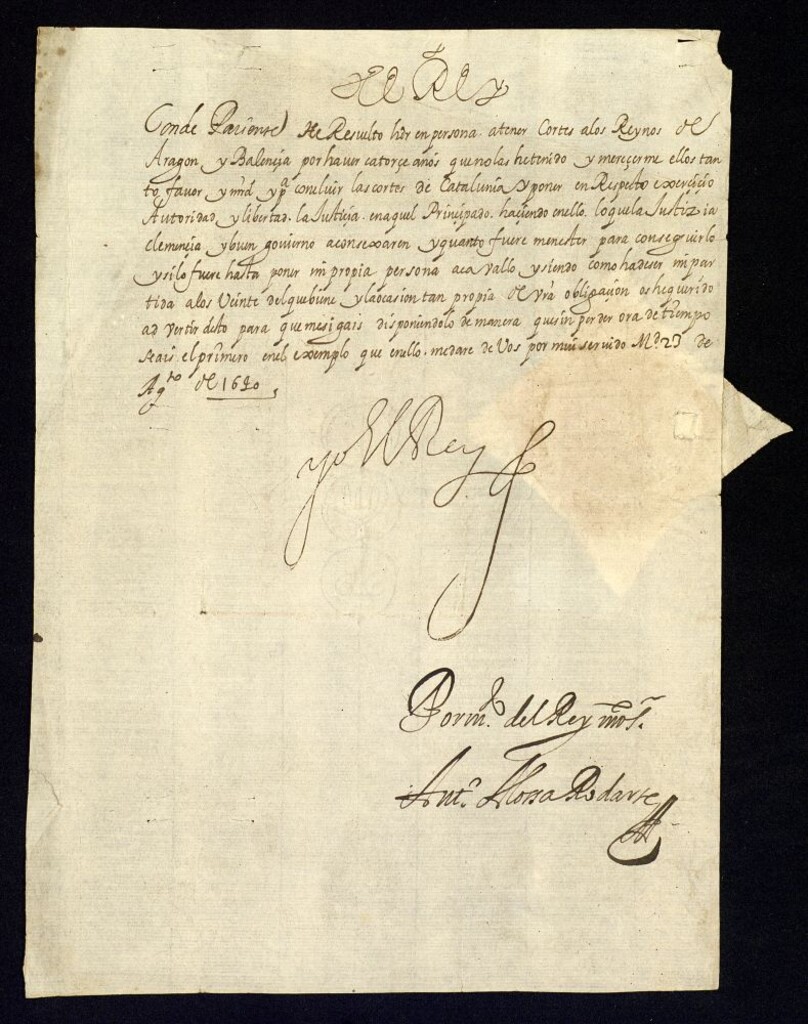 Miniatura de Real cédula de Felipe IV al conde de los Arcos comunicándole su intención de convocar cortes de Aragón y Valencia y pidiéndole que le acompañe.
