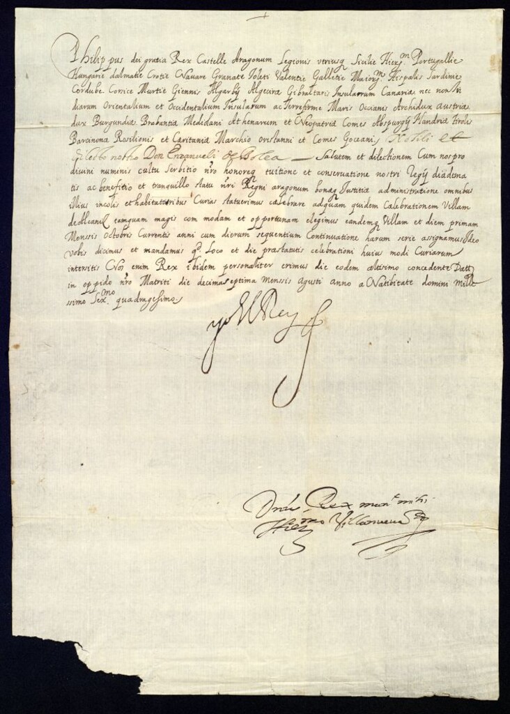 Miniatura de Real provisión de Felipe IV a D. Manuel de Bolea convocándole para las cortes de Aragón que se celebrarán en la villa de Alcañiz