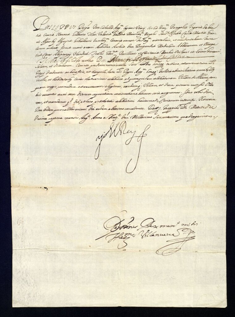 Miniatura de Real provisión de Felipe IV a D. Martín Bermúdez de Castro convocándole para las cortes de Aragón que se celebrarán en la villa de Alcañiz