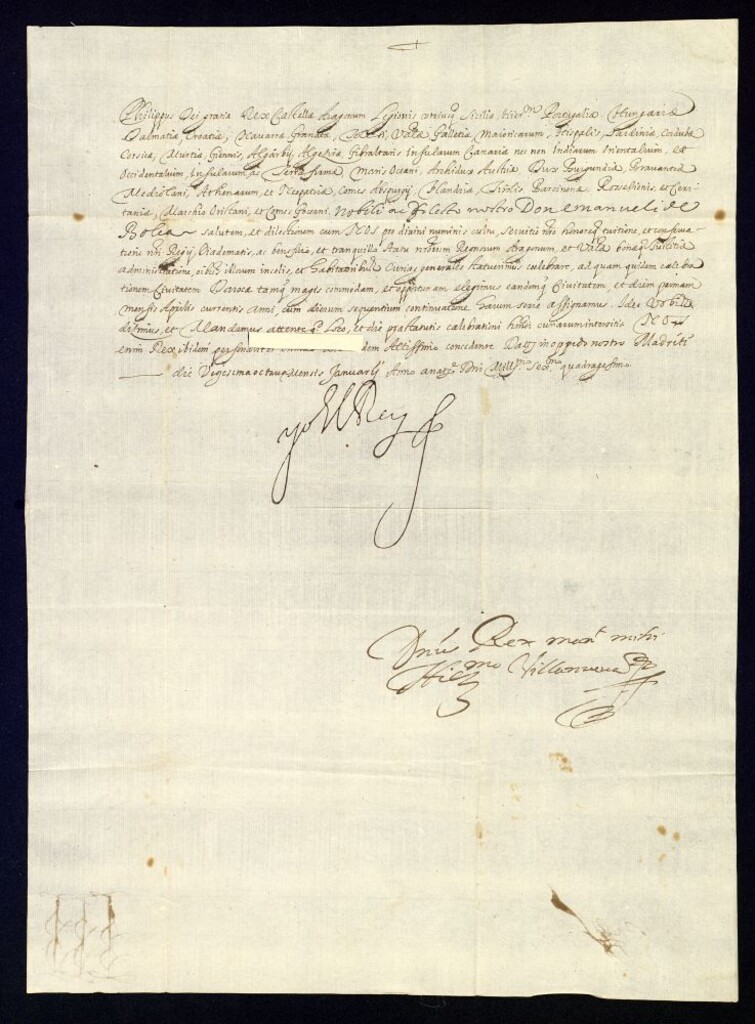 Miniatura de Real provisión de Felipe IV a D. Manuel de Bolea convocándole para las cortes de Aragón que se celebrarán en la ciudad de Daroca