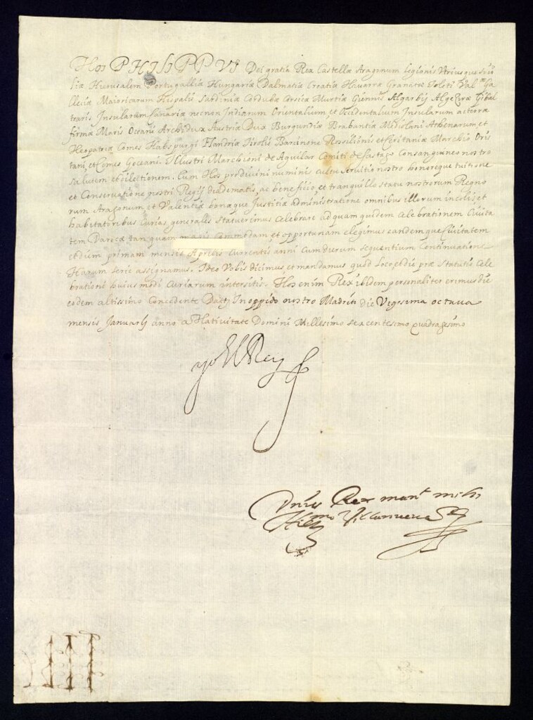 Miniatura de Real provisión de Felipe IV al Conde de Sástago y Marqués de Aguilar convocándole para las cortes de Aragón que se celebrarán en la ciudad de Daroca.