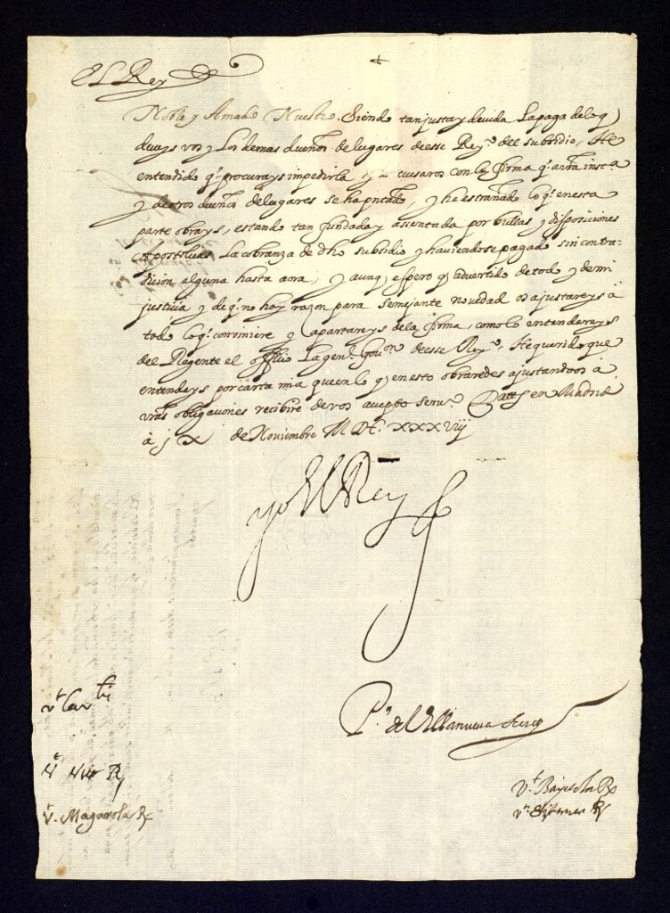 Miniatura de Real cédula de de Felipe IV a D. Martín de Bardaxí extrañando se escuse de pagar el subsidio que le corresponde.