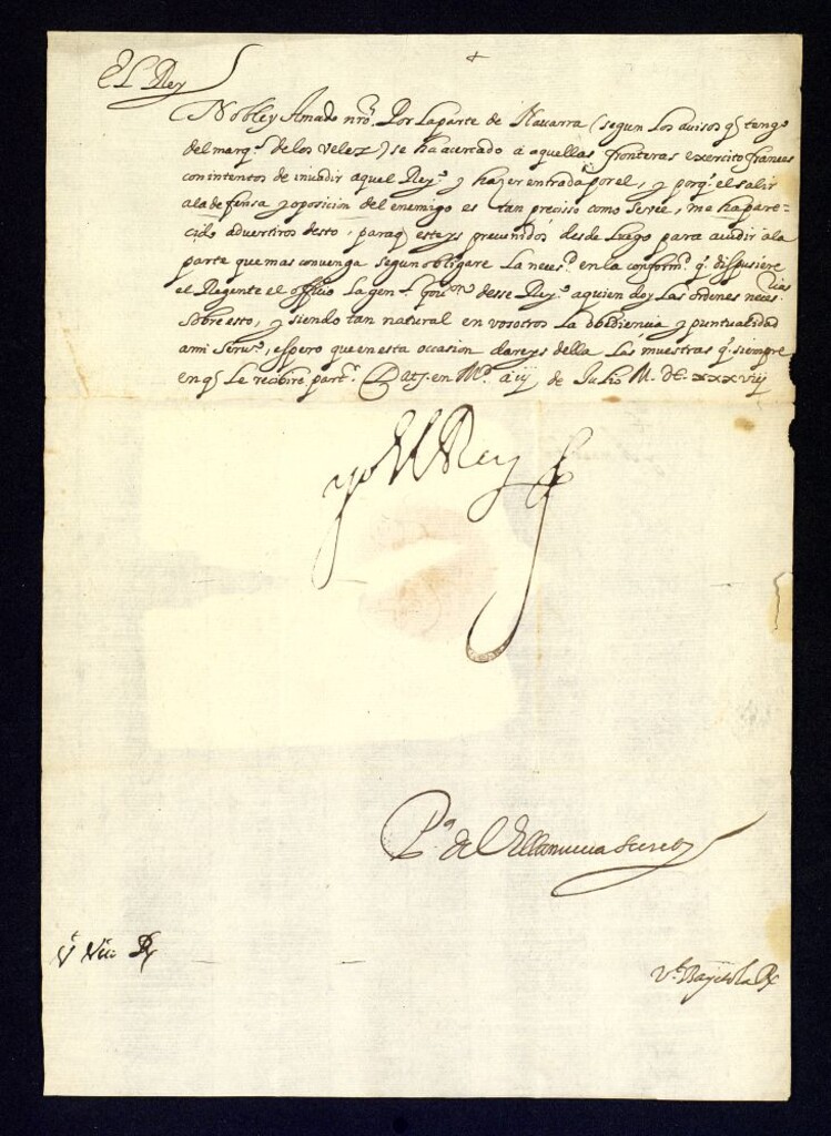 Miniatura de Real provisión de Felipe IV a D. Pedro de Bolea previniéndole que esté preparado para prestar su ayuda en la parte que más convenga pues el ejército francés se dispone a invadir el reino de Navarra.