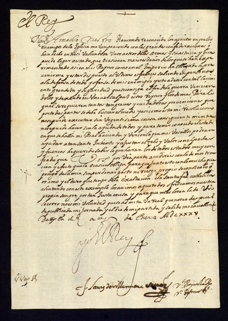 Miniatura de Real provisión de Felipe IV a D. Martín de Bardaxí prviniéndole que esté preparado para prestar su ayuda para la guerra que se hará contra los enemigos de España.