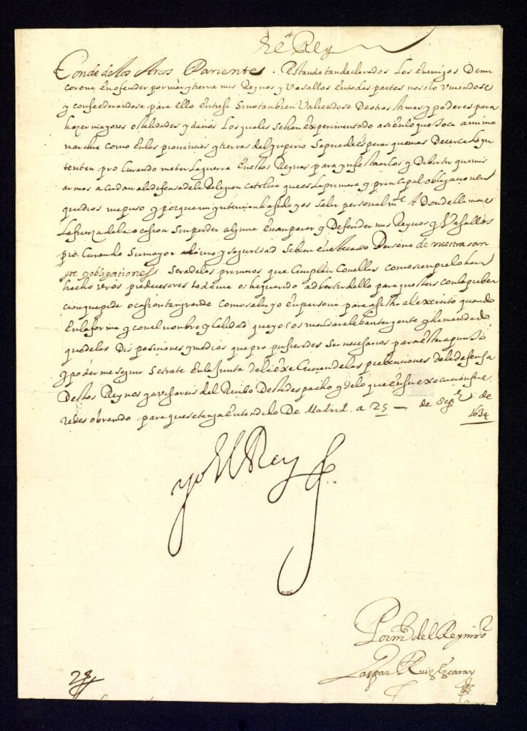 Miniatura de Real cédula de Felipe IV al Conde de los Arcos conmunicándole la necesidad de estar preparado para prestar su ayuda a la guerra contra los enemigos de España.