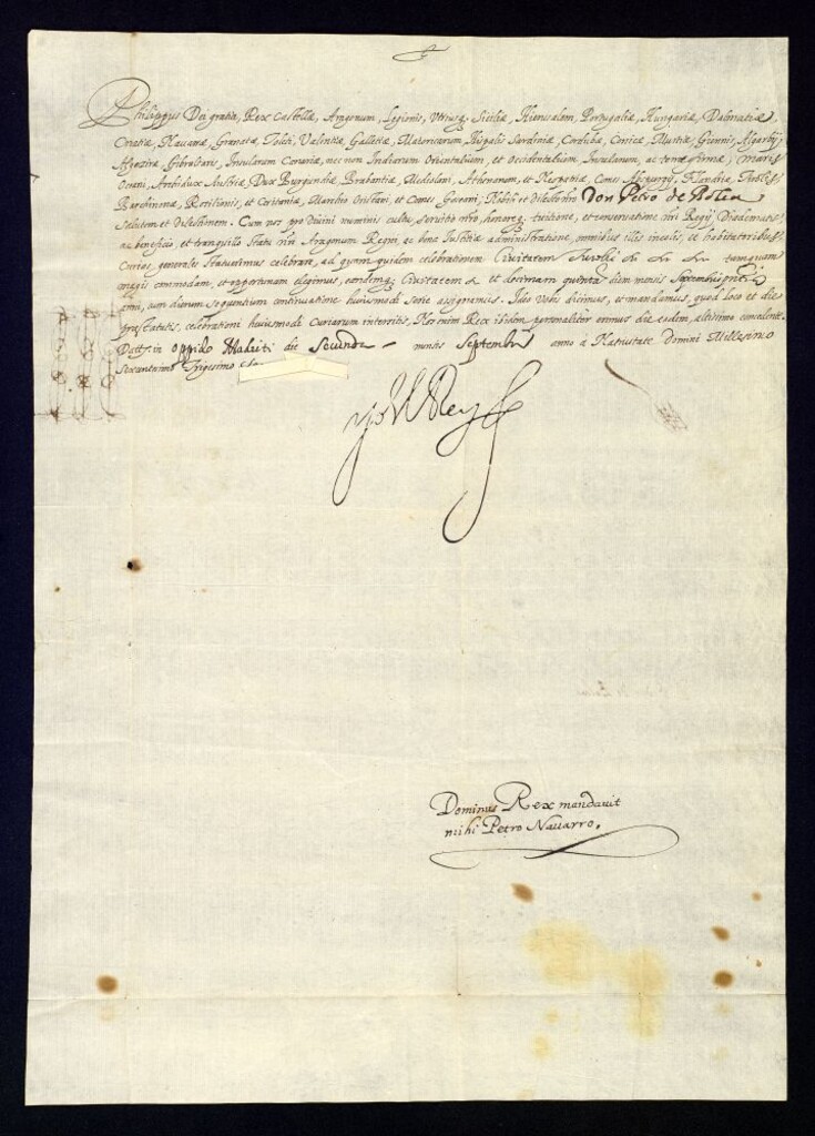 Miniatura de Real provisión de Felipe IV a D. Pedro de Bolea convocándole para las cortes de Aragón que se celebrarán en la ciudad de Teruel.