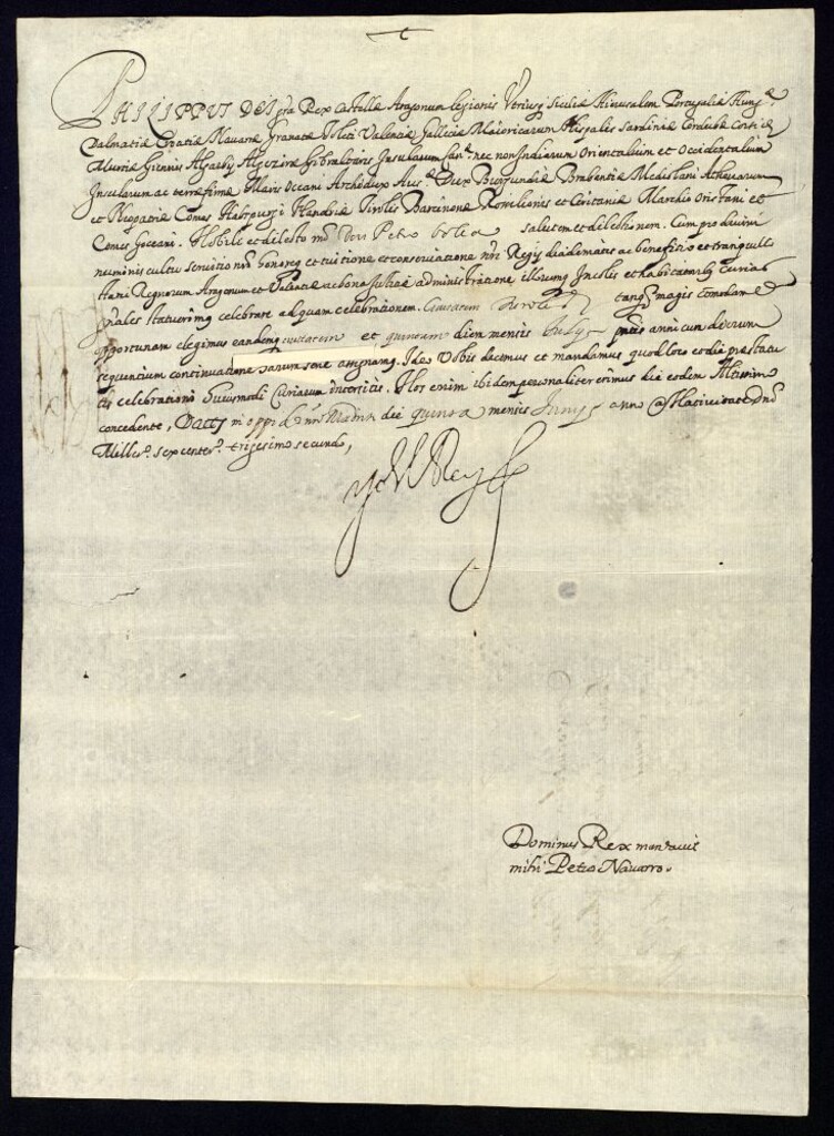 Miniatura de Real provisión de Felipe IV a D. Pedro de Bolea convocándole para las cortes de Aragón que se celebrarán en la ciudad de Teruel.
