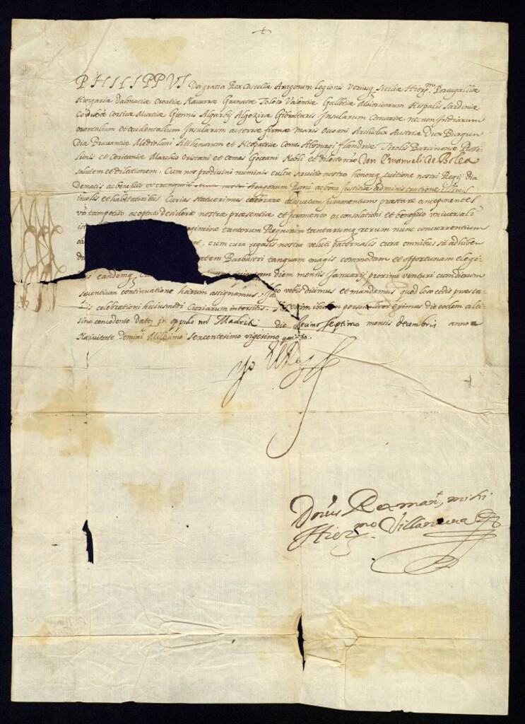 Miniatura de Real provisión de Felipe IV a D. Manuel de Bolea convocándole para las cortes de Aragón que se celebrarán en la ciudad de Barbastro.