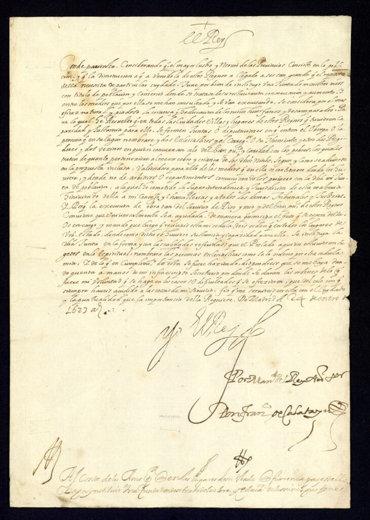 Miniatura de Real cédula del Rey Felipe IV al Conde de los Arcos para que en los lugares de sus estados, que tuvieran capacidad para ello, se formen juntas para atender al cuidado de los niños pobres y huérfanos.