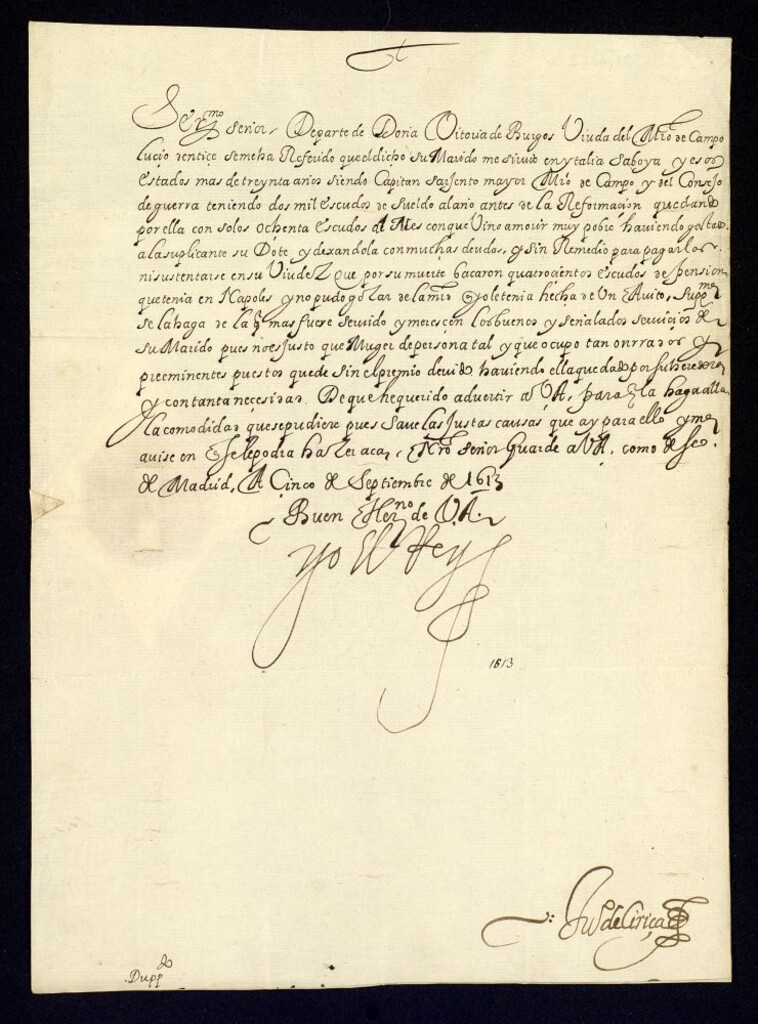 Miniatura de Real cédula de Felipe III al Archiduque Alberto de Austria recomendándole a Doña Victoria de Burgos, viuda del maestre de campo Lucio Dentichi, para que se le haga en los estados de Flandes alguna merced, por los señalados servicios prestados por su difunto marido.