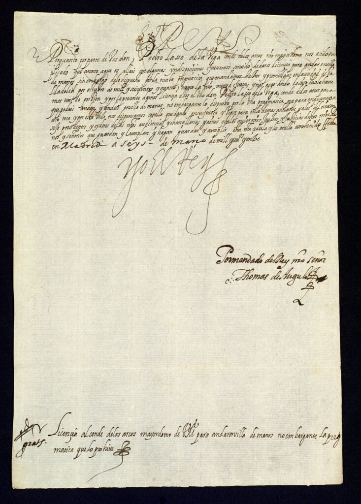 Miniatura de [Real cédula de Felipe III al Conde de los Arcos, su mayordomo, autorizándole el uso de silla de manos, no obstante la pragmática que lo prohibe