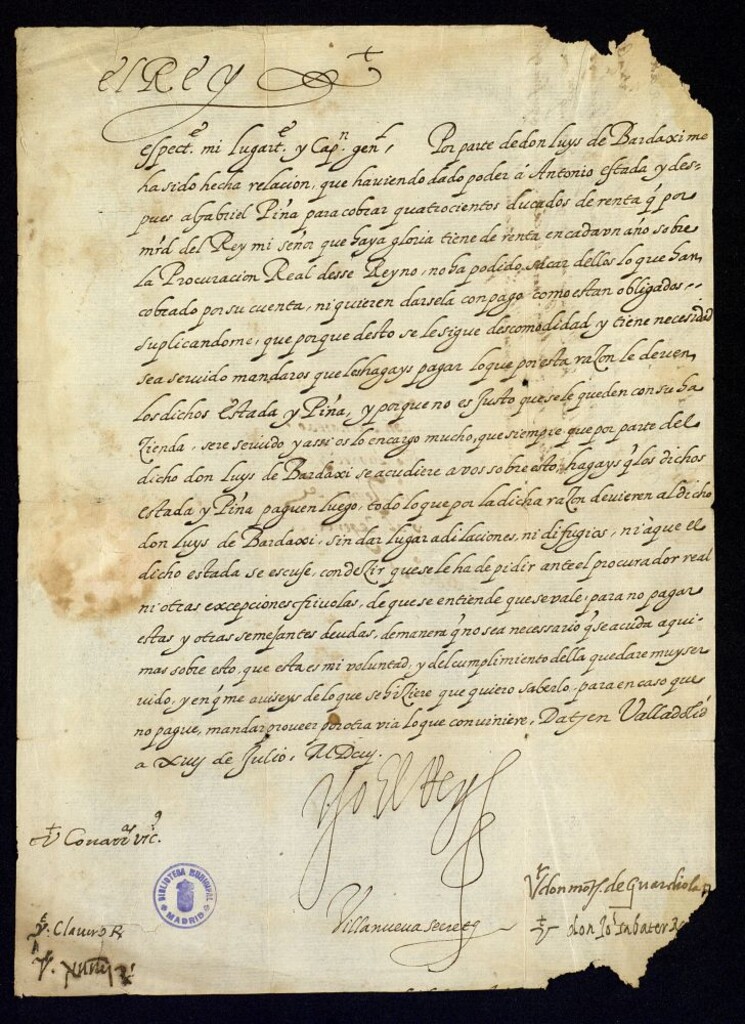 Miniatura de Real cédula de Felipe III a Hernando de Añasco, virrey de Mallorca, ordenando que se paguen a D. Luis de Bardaxí 400 ducados de renta.