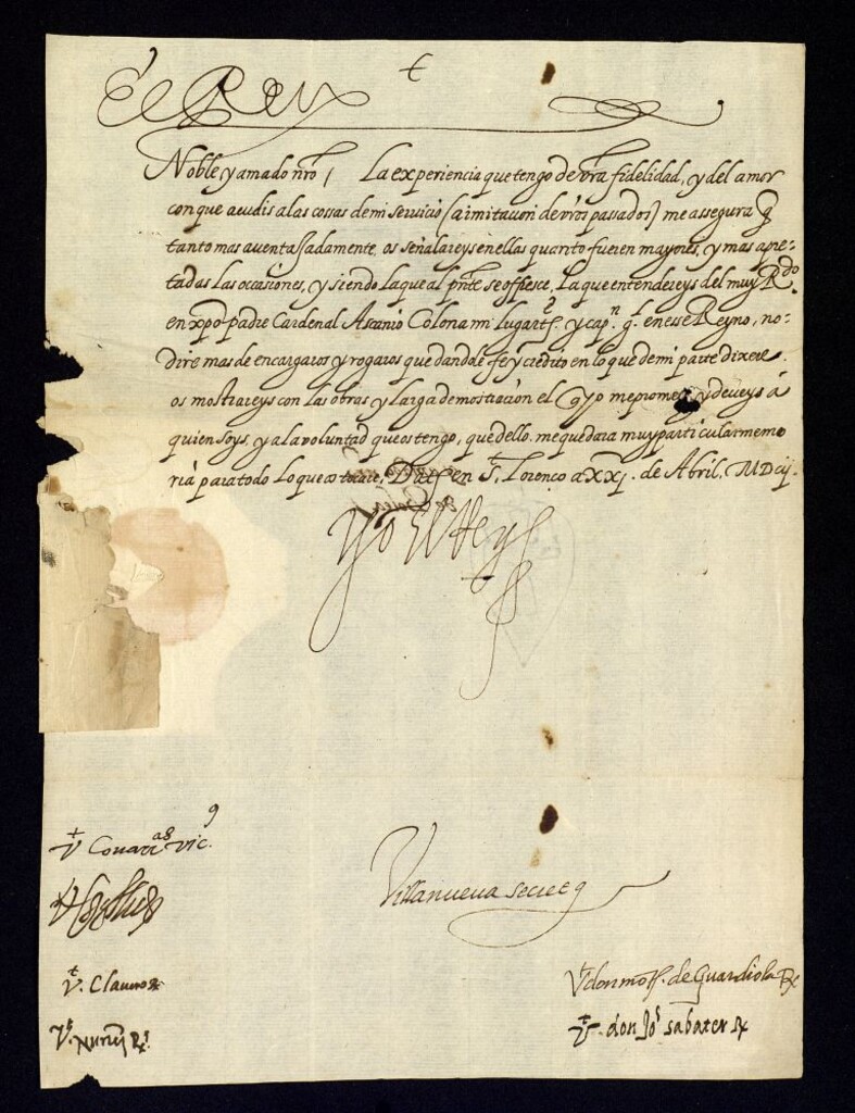 Miniatura de Real cédula de Felipe III a Martín de Bolea pidiéndole que de fe y crédito a lo que de su parte le dijere el Cardenal Ascanio Colonna, su virrey de Aragón.
