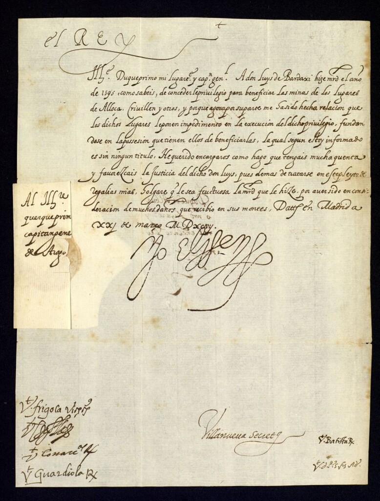 Miniatura de Real cédula de Felipe II al Duque de Alburquerque, lugarteniente y capitán general de Aragón, ordenando que no pongan impedimentos los lugares de Alloza, Crivillen y otros en el privilegio de que ha hecho merced a D. Luis de bardaxí del beneficio de las minas de dichos lugares.