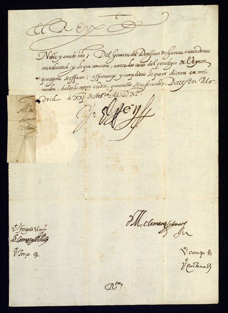 Miniatura de Real cédula de Felipe II a D. Pedro de Bolea pidiéndole que cumpla lo que de su parte le comunique el gobernador de Aragón Juan de Gurrea.