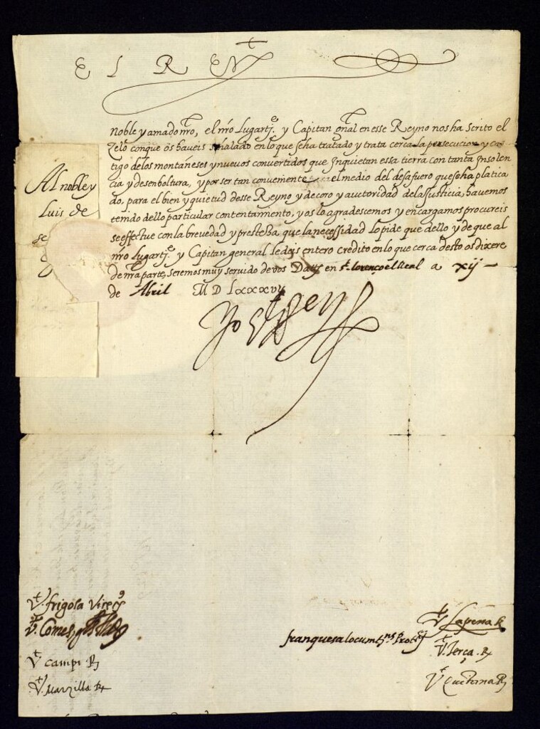 Miniatura de Real cédula de Felipe II a D. Luis de Bardaxí dándole gracias por la persecución de los montañeses y moriscos que inquietan el reino de Aragón