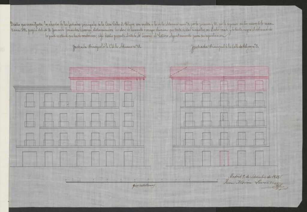 Miniatura de D. Fernando Fernández de Casariego, solicitando licencia para elevar las fachadas de sus casas de la calle de Peligros nº 3 con vuelta a la de la Aduana nº 51.