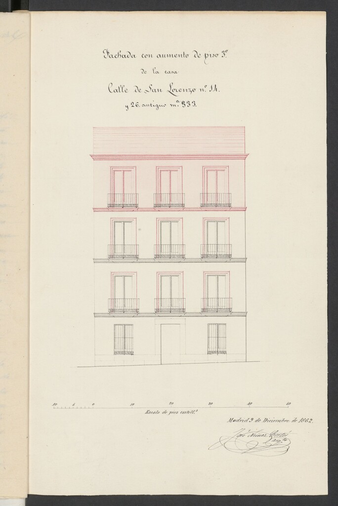 Miniatura de D. Vicente Floren y Cristóbal, dueño de la casa nº 14 de la calle de S. Lorenzo, manzana 333, para levantar un piso, decorar la fachada y poner nuevos balcones.