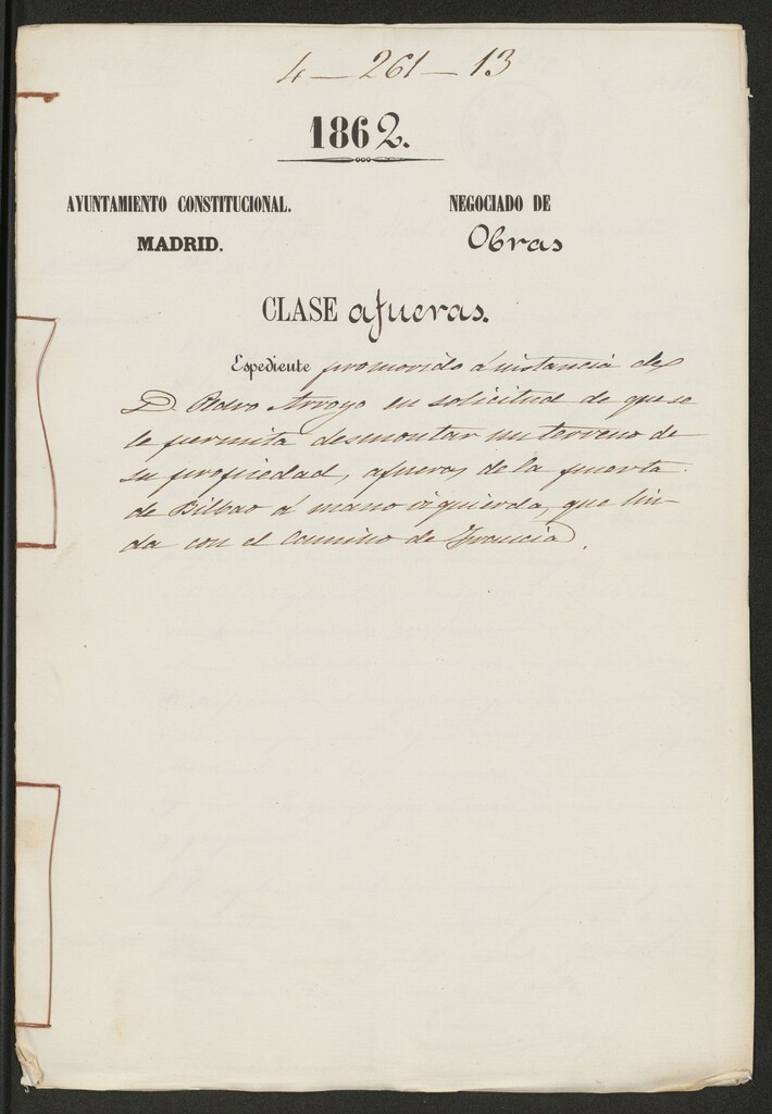 Miniatura de D. Pedro Arroyo, en solicitud de que se permita desmontar un terreno de su propiedad, afueras de la puerta de Bilbao al mano izquierda, que linda con el camino de Francia.