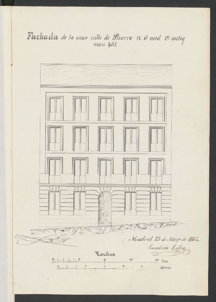 Miniatura de D. Cándido Zafra, para reedificar la casa de su propiedad, sita en la calle de Pizarro nº 6 moderno, 19 antiguo, manzana 461.