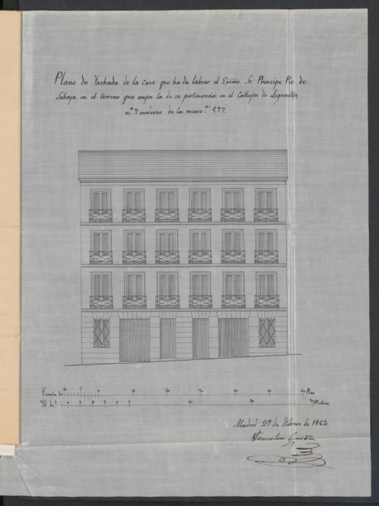 Miniatura de D. Vicente González, apoderado del Excmo Sr. Príncipe Pio, en solicitud de licencia para construir de nueva planta la casa nº 7 de la callejón de Leganitos.