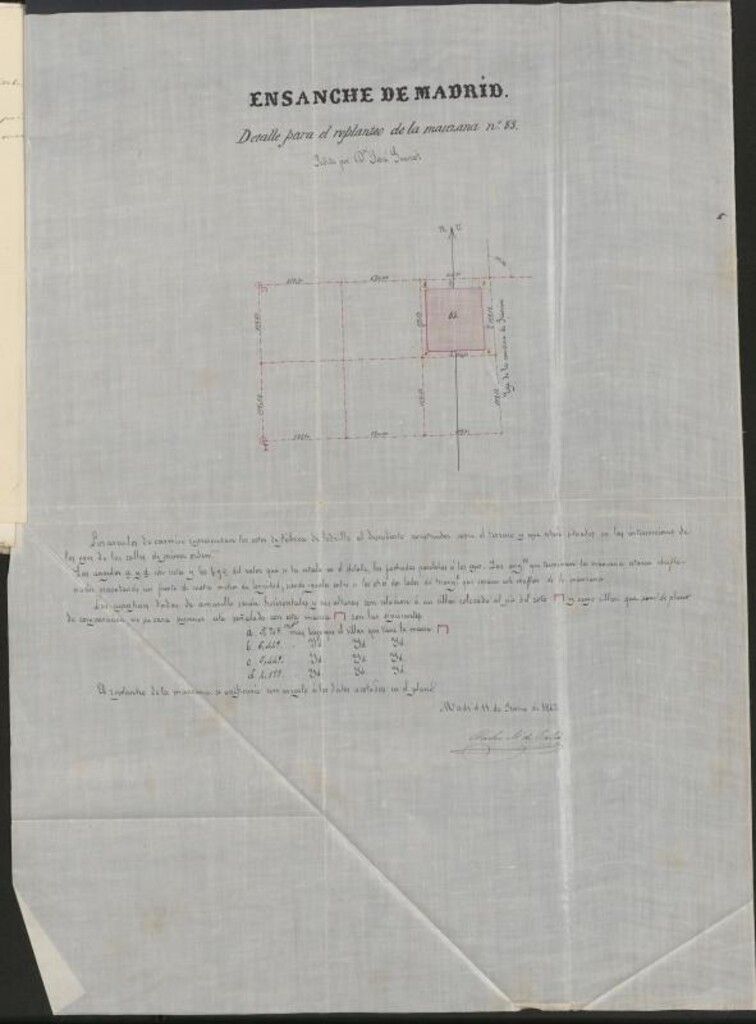 Miniatura de D. José Guinot, solicitando licencia para construir de nueva planta, en el terreno que comprende la manzana 85 del plano del ensanche de Madrid, con fachada a la carretera de Francia