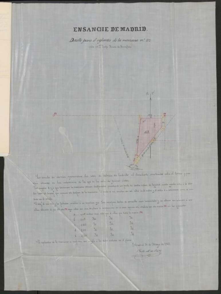 Miniatura de Dª Josefa Bouza de Bonaplata, solicitando se le entregue el detalle para él replanteo de un terreno no comprendido en la zona del ensanche de Madrid, en manzana señalada en el nº 112.