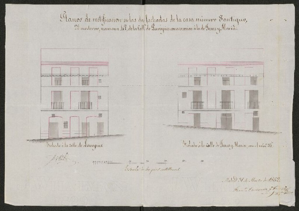 Miniatura de D. Francisco Enriquez y Ferrer, dueño de la casa sita en la calle de Lavapiés, nº 22, con accesorias a la de Jesús y María, nº 35, manzana 47, solicitando licencia para reedificar la fachada de la calle y levantar piso 3º en su accesoria a la de Jesús y María.