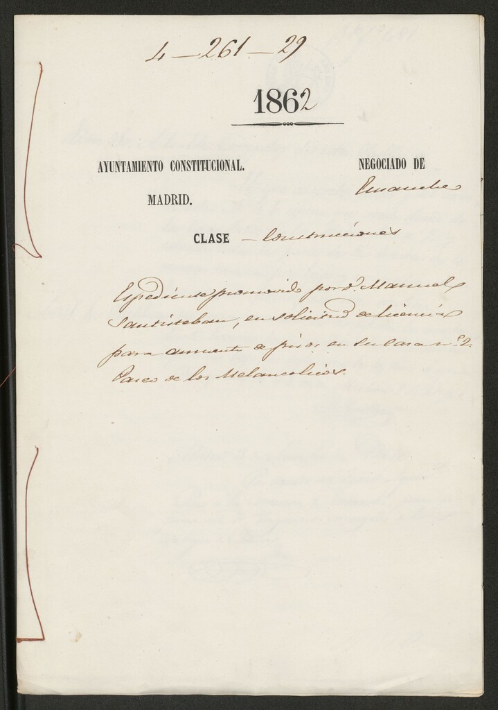 Miniatura de D. Manuel  Santisteban, en solicitud de licencia para aumento de  pisos en su casa nº 2 Paseo de los Melancólicos.