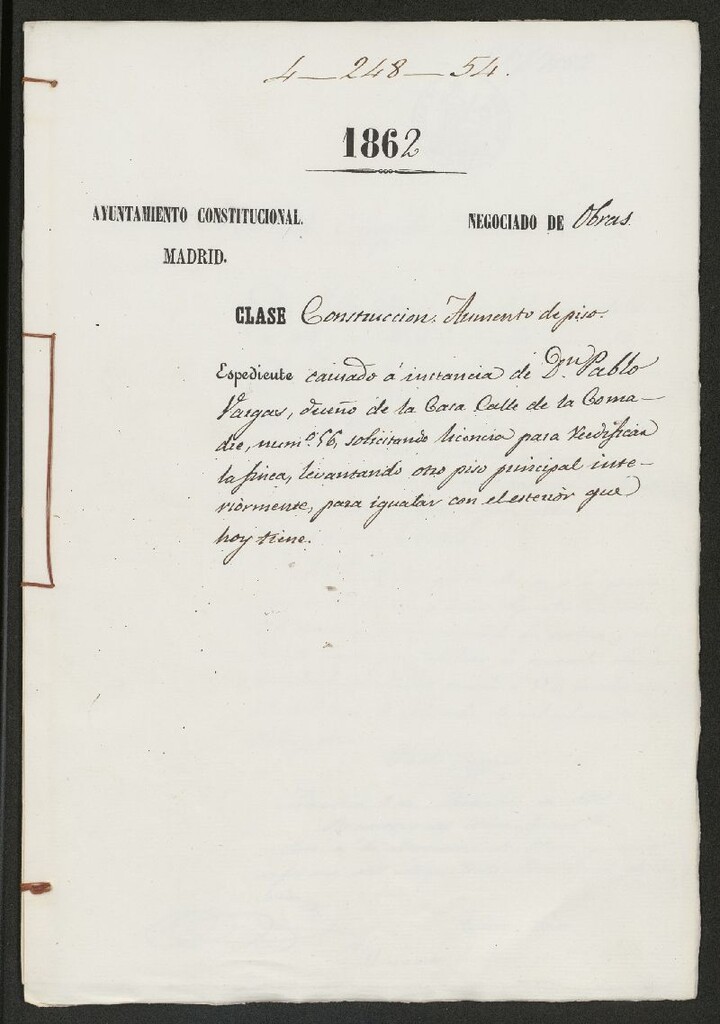 Miniatura de D. Pablo Vargas, dueño de la casa calle de Comadre, nº 56, solicitando licencia para reedificar la finca, levantando otro piso principal interiormente para igualar con el exterior que hoy tiene.