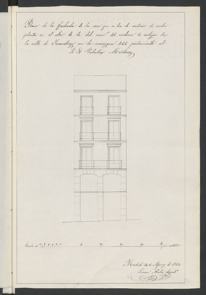 Miniatura de D. Valentín Martínez, dueño de la casa nº 46 moderno, 10 antiguo de la manzana 366 calle de Jacometrezo, solicitando licencia para su edificación.