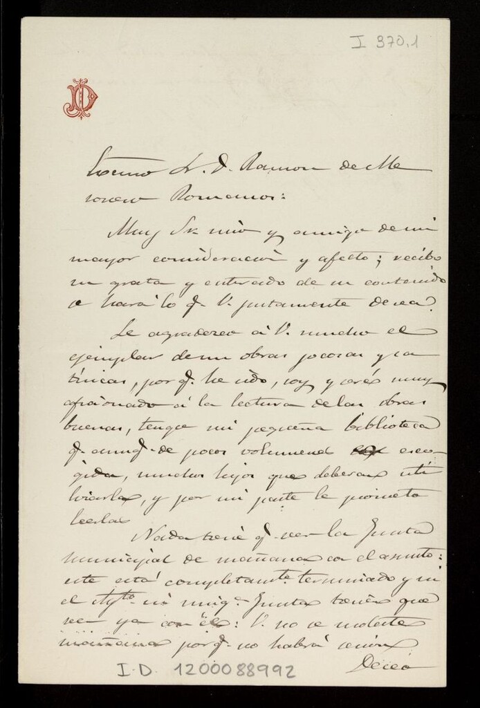 Miniatura de Cartas, 1876-1879, Madrid, a Ramón de Mesonero Romanos