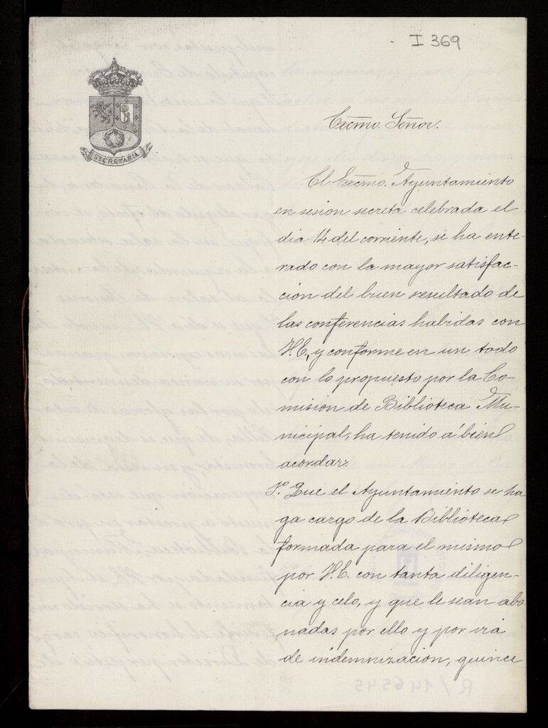 Miniatura de Carta de José Dicenta y Blanco a Ramón de Mesonero Romanos comunicándole el pago de 15.000 pesetas por la Biblioteca formada por él mismo, su instalación provisional, su nombramiento como Director Perpetuo, la futura creación de un Museo de Curiosidades en la Casa de la Panadería y la separación del Archivo