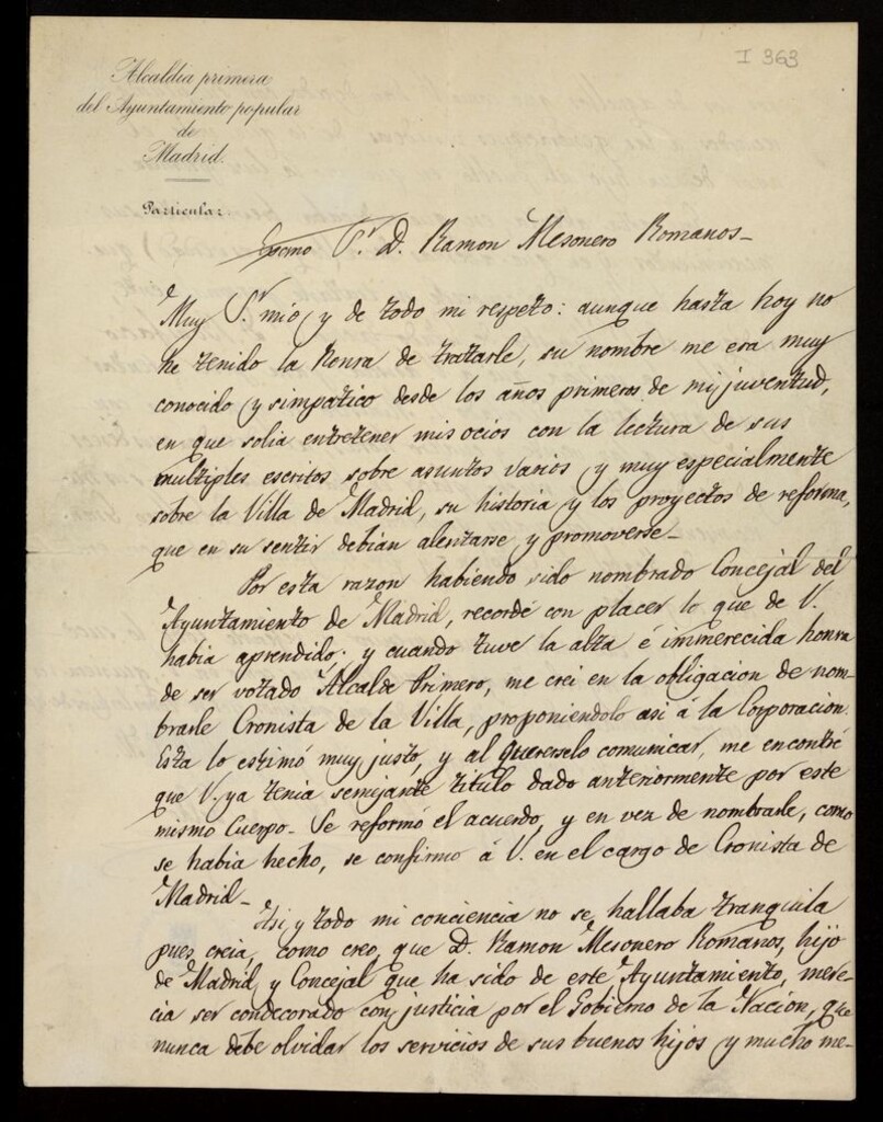 Miniatura de Carta confirmando en el cargo de Cronista de Villa a Ramón Mesonero Romanos y comunicándole el nombramiento de Caballero Gran Cruz de Isabel la Católica. 1871 diciembre 22, Madrid