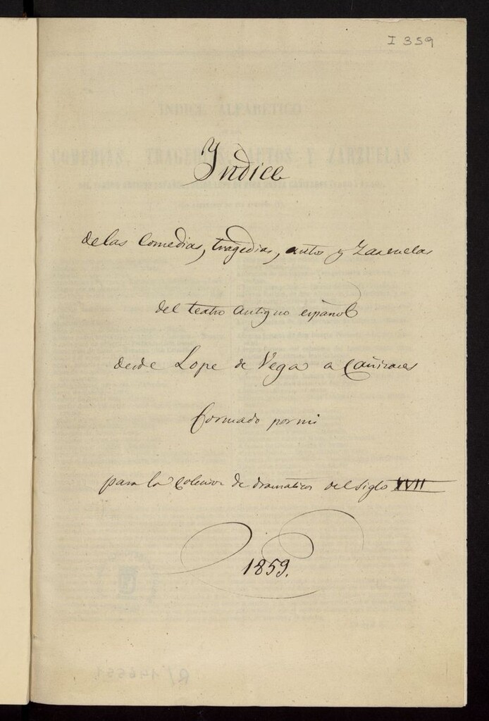Miniatura de Índice alfabético de las comedias, tragedias, autos y zarzuelas del teatro antiguo español desde Lope de Vega hasta Cañizares formado por mí para la colección de dramáticos del siglo XVII.