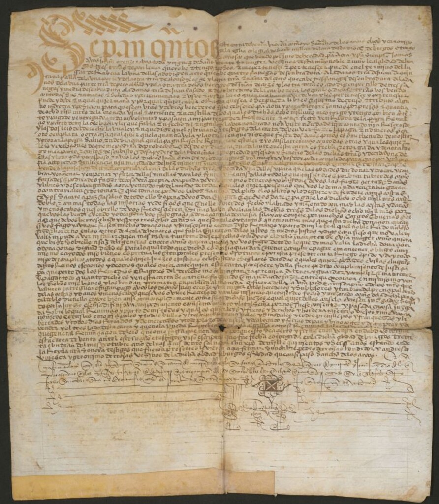 Miniatura de Sepan quantos esta carta de benta bieren como yo sancho de los arcos ... canonigo de la iglesia colegial de Sant millan de lara ... de burgos otorgo ...que bendo por juro de heredad ... a vos juan orenze zaboatoda y [ilegible] de Sant Vicente su muger vezinos de burgos tres tierras...en el termino del lugar de Rubena...