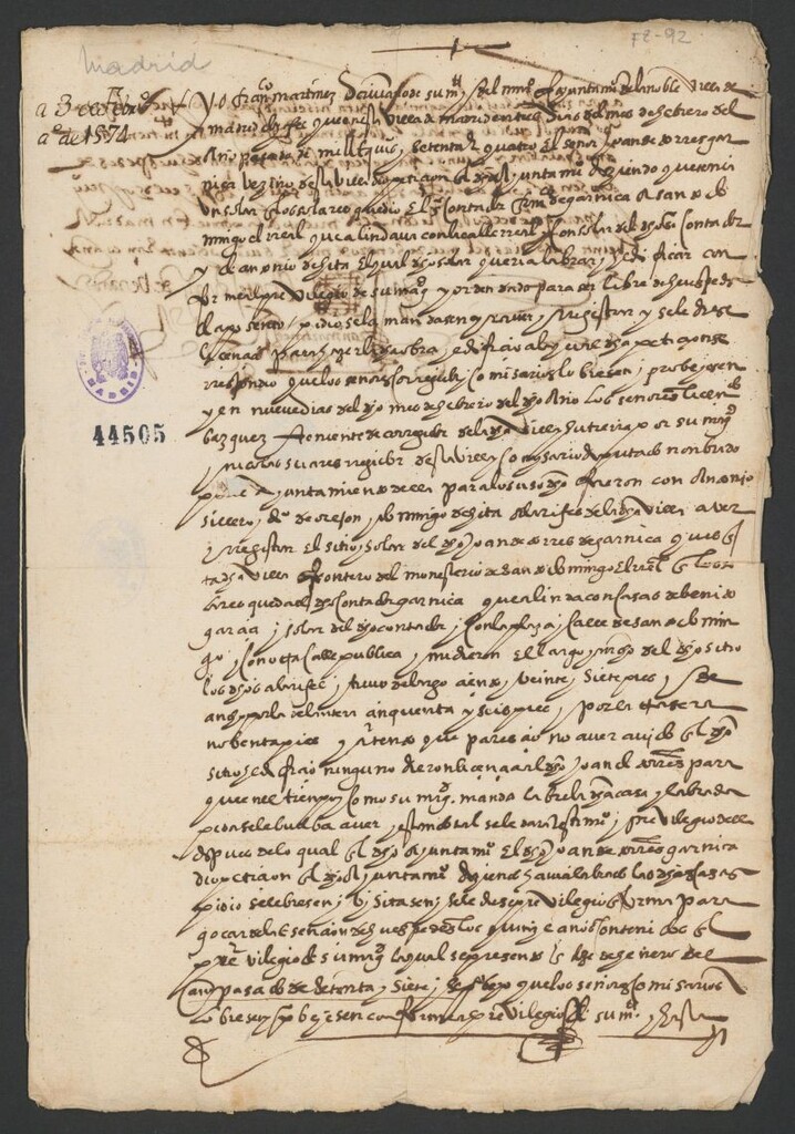 Miniatura de Licencia que el Ayuntamiento de Madrid concedió a Juan de Torres Garnica para construir unas casas en el solar que poseía frente del Convento de Sto. Domingo el Real, ante Francisco Martínez, Escribano del Ayuntamiento á 3 de Febrero de 1574