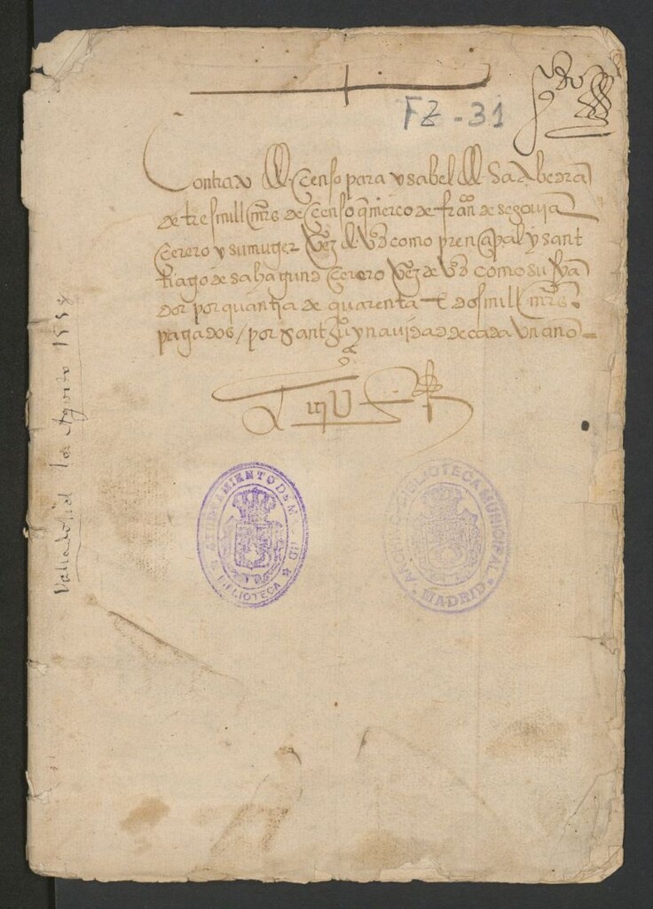 Miniatura de Contrato del censo para Ysabel de Saavedra de tres mil [ilegible] de censo q[ue] merco de fran[cis]co de Segovia cerezo y su muger [ilegible] como pren pal y santtiago de sabayuna cerezo [ilegible] como su fiador por quantia de quarenta ...pagados...de cada año